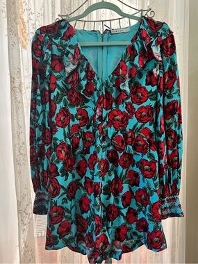 Alice + Olivia Teal and Red Floral Summer Romper Festival Bohemian Hippie Chic!
